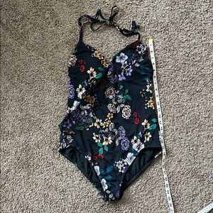 Time and Tru Black Floral Halter One-Piece Swimsuit